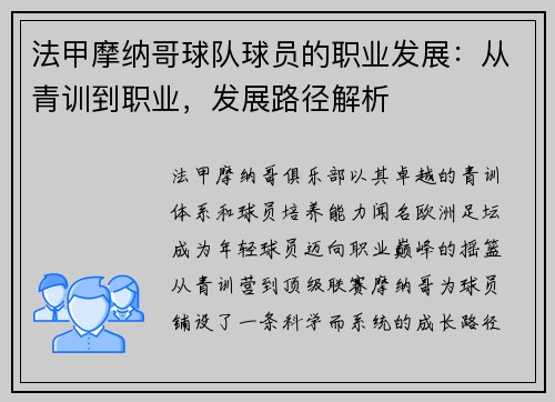 法甲摩纳哥球队球员的职业发展：从青训到职业，发展路径解析