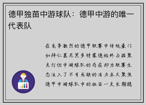 德甲独苗中游球队：德甲中游的唯一代表队