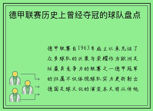 德甲联赛历史上曾经夺冠的球队盘点